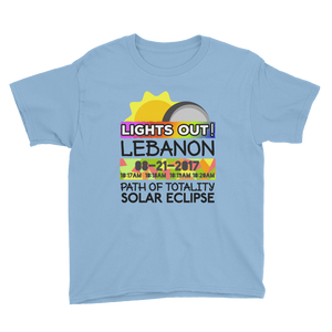 Boys - Lebanon OR - Solar Eclipse Short Sleeve T-Shirt: "Lights Out!" PATH of TOTALITY 08-21-2017 w Actual Times