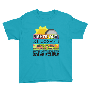 Boys - St. Joseph MO - Solar Eclipse Short Sleeve T-Shirt: "Lights Out!" PATH of TOTALITY 08-21-2017 w Actual Times