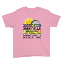 Boys - Greenville SC - Solar Eclipse Short Sleeve T-Shirt: "Lights Out!" PATH of TOTALITY 08-21-2017 w Actual Times